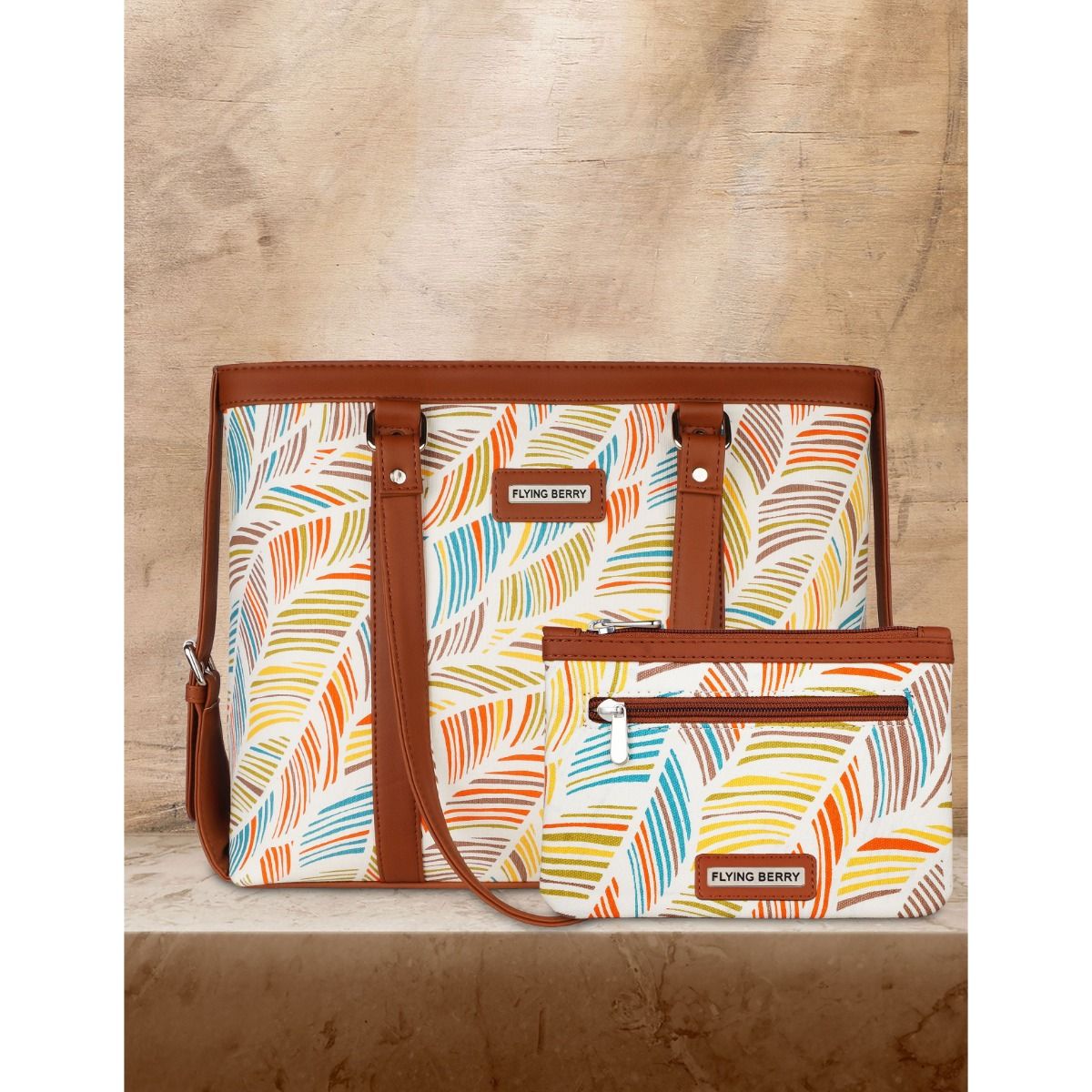 FLYING BERRY MultiColor Printed Faux Leather Sustainable Shoulder Laptop Bag Combo with Pouch