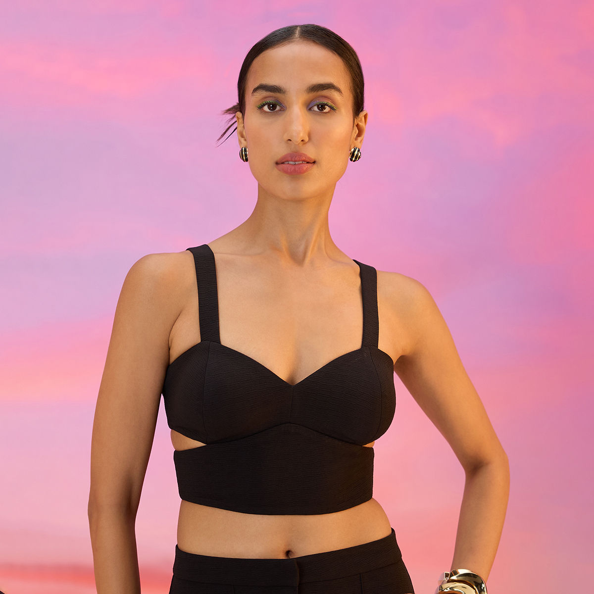 Buy RSVP by Nykaa Fashion Brown Textured Strappy Bralette Fitted Crop Top  and Skirt (Set of 2) Online