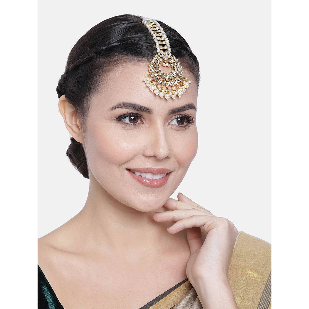 Peora Gold Plated Traditional Kundan Ethnic Mathapatti-Maangtikka With Dangling Beads