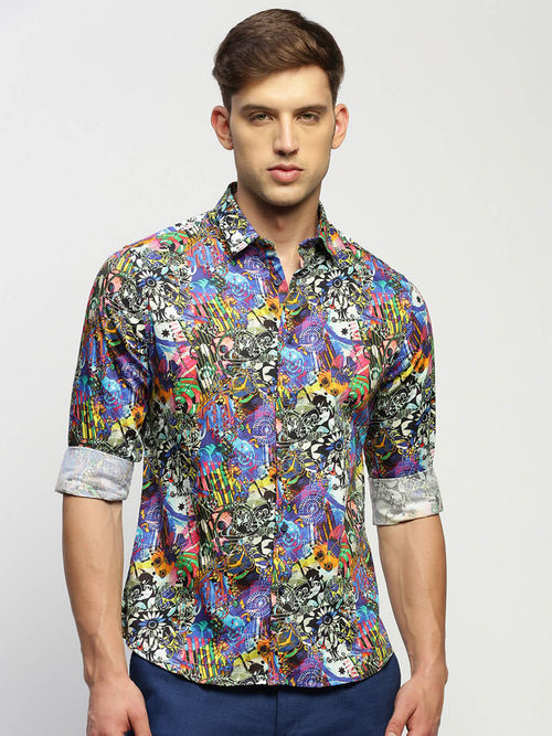 SHOWOFF Mens Long Sleeves Printed Multi-Color Slim Fit Standard Shirt (M) (Multi-Color) At NykaaMan, Products Handpicked For Men