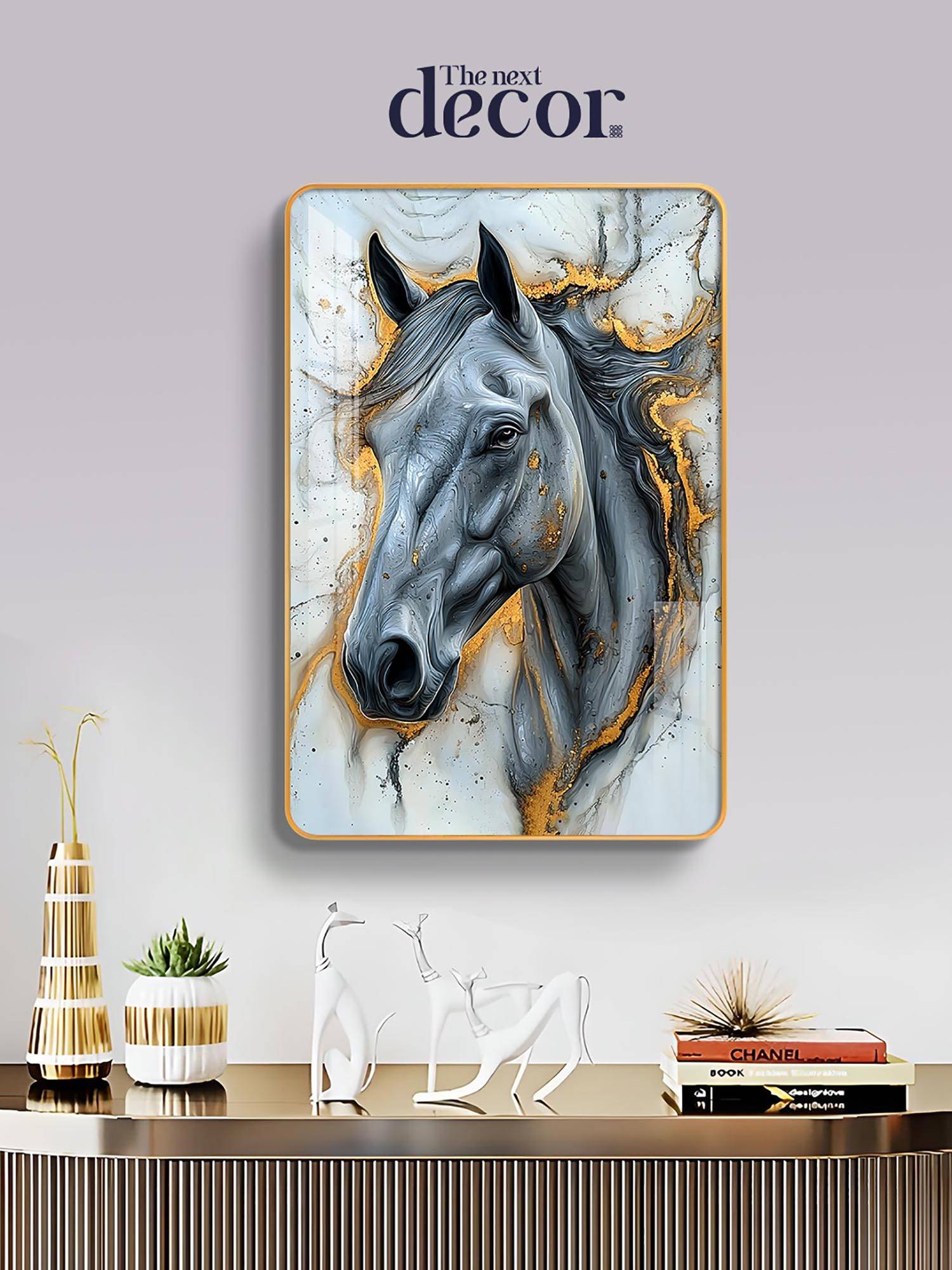 The Next Decor Minimalist Horse Wood Glass Finish Wall Art