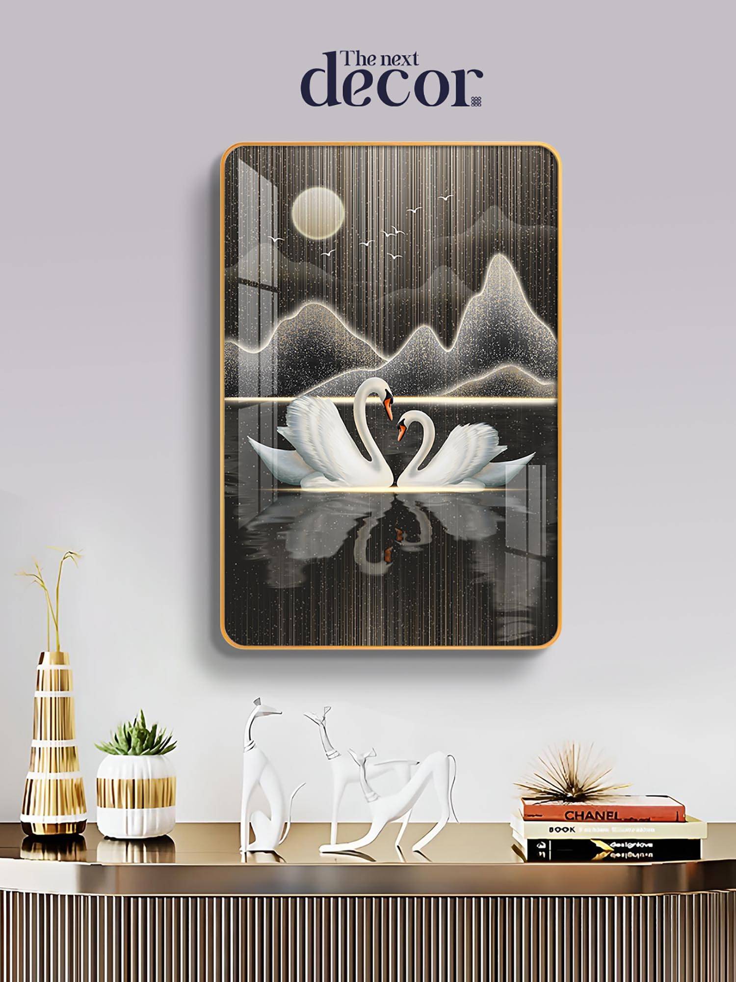 The Next Decor Swan Serenade Wood Glass Finish Wall Art