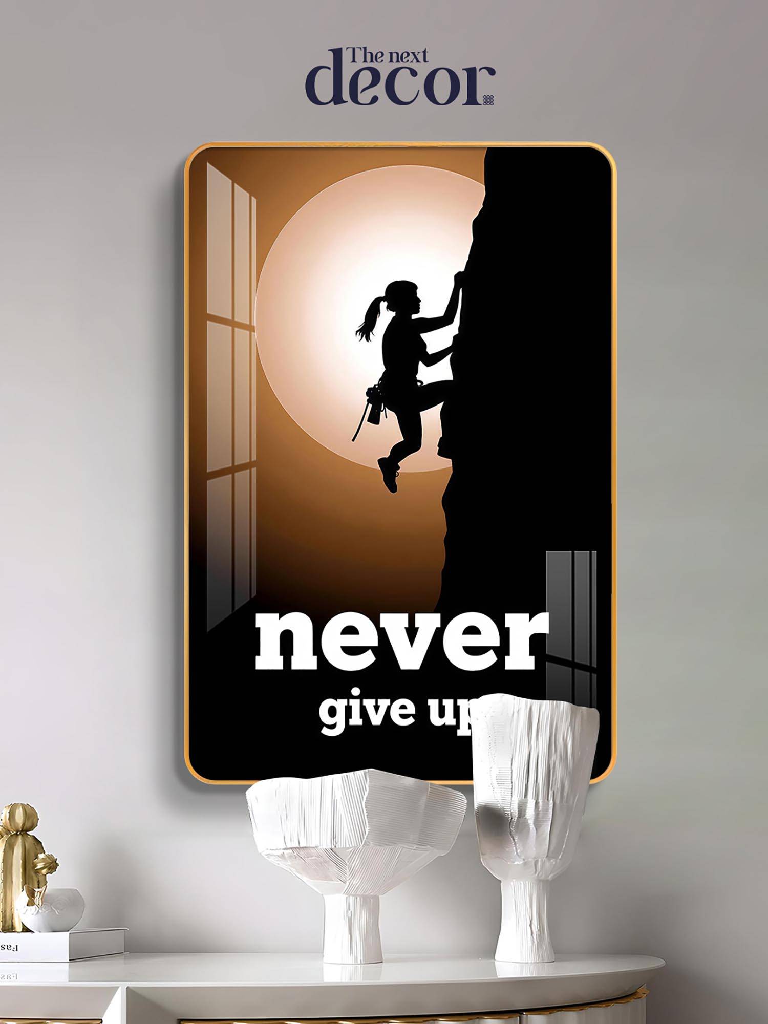 The Next Decor Never Give Up Motivation Quote Wood Glass Finish Wall Art