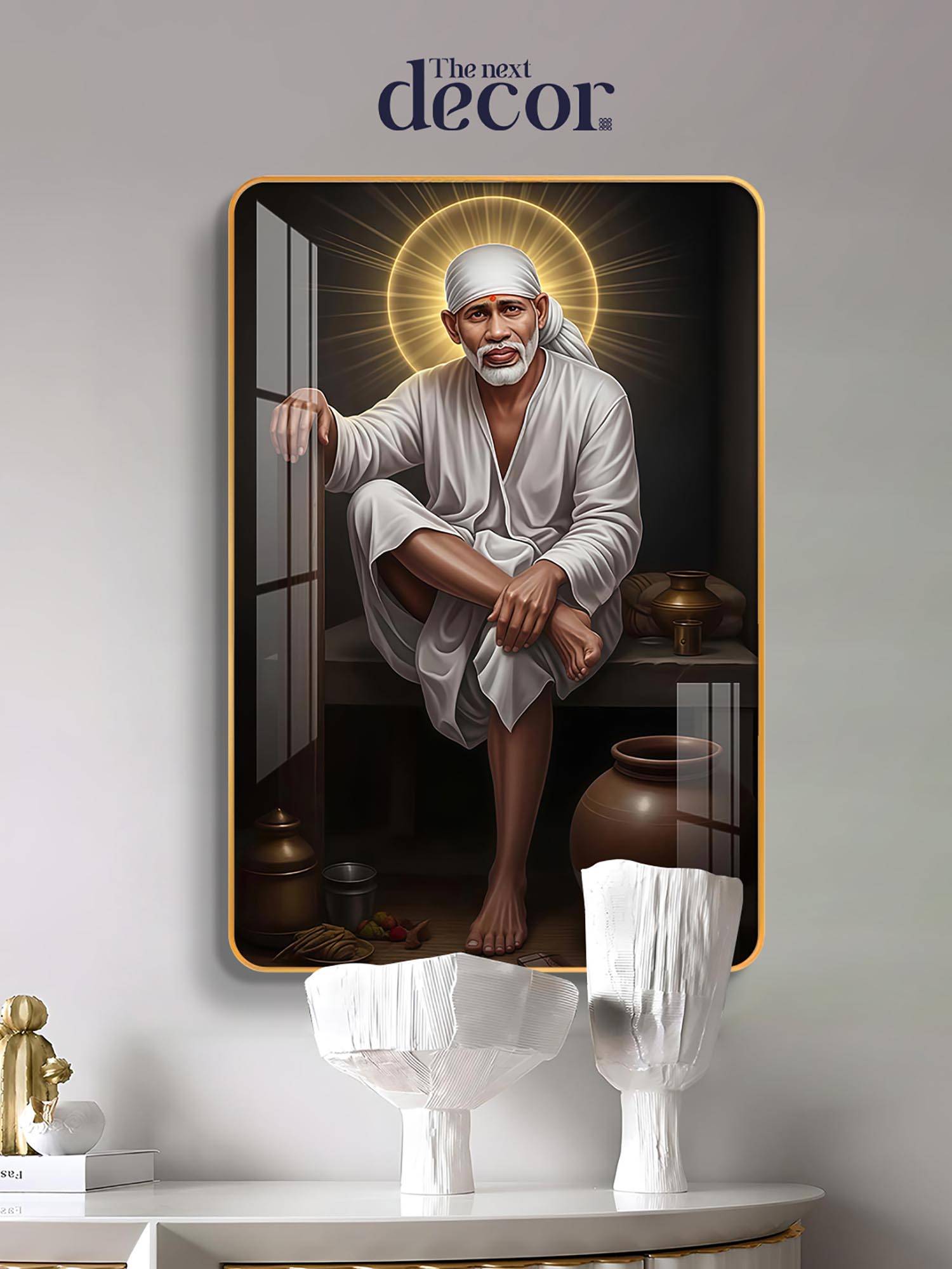 The Next Decor Lord Sai baba Wood Glass Finish Wall Art