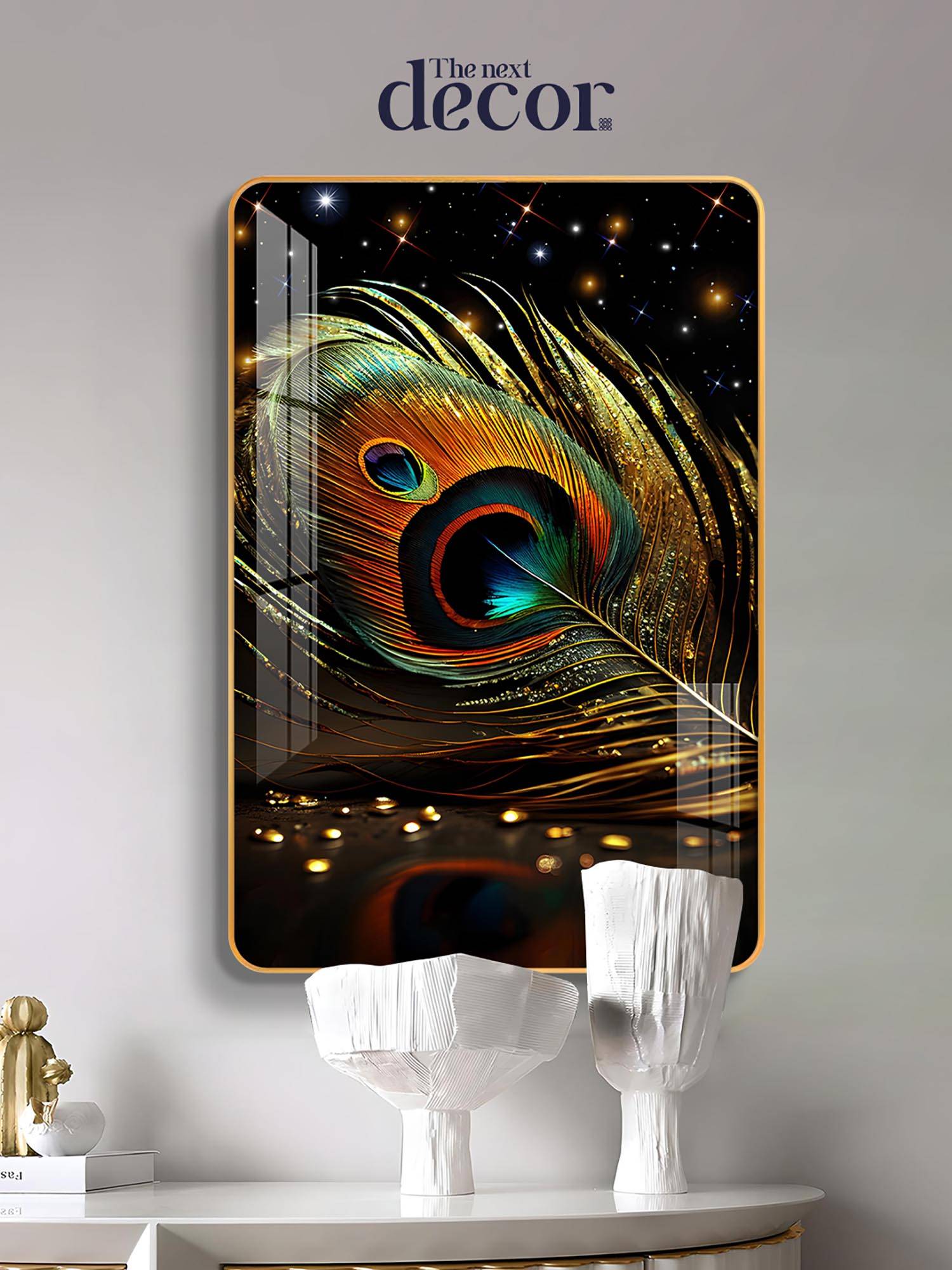 The Next Decor Peacock Feather With Golden HighlightingLines Wood Glass Finish Wall Art