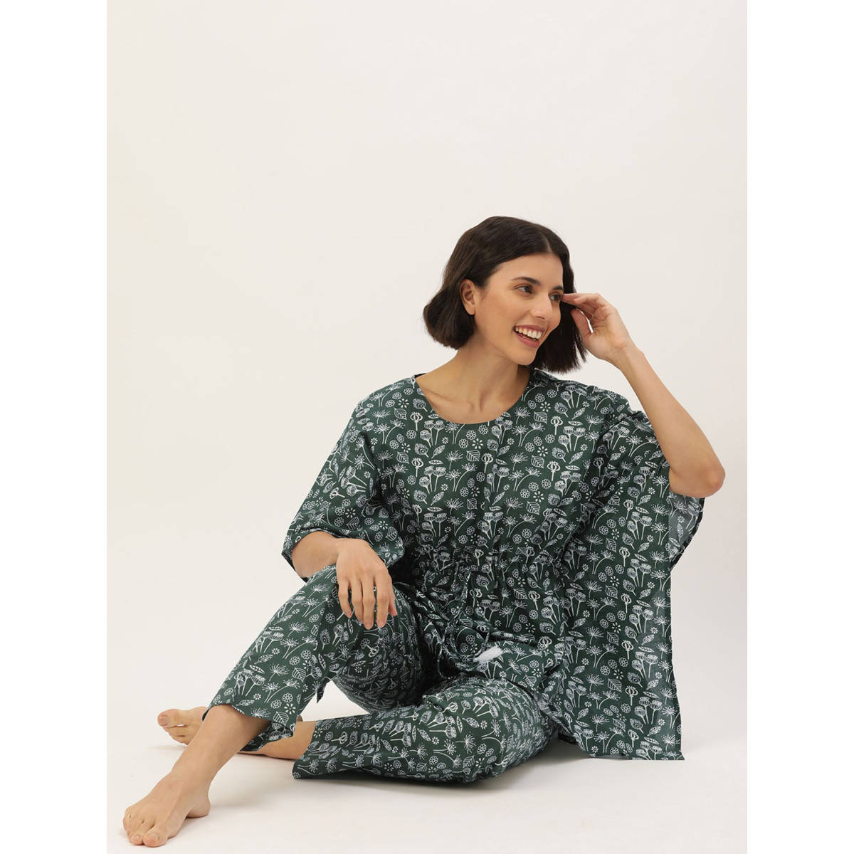 Pyjama Say Buy SAY Olive Color Printed Women Pure Cotton Kaftan & Pyjama Night ...