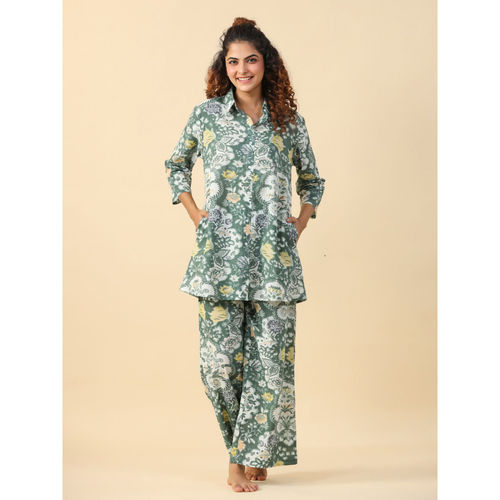 SAY Green Color Printed Women Pure Cotton Shirt Pant Night Suit (Set of  2) (2XL) - Main Image