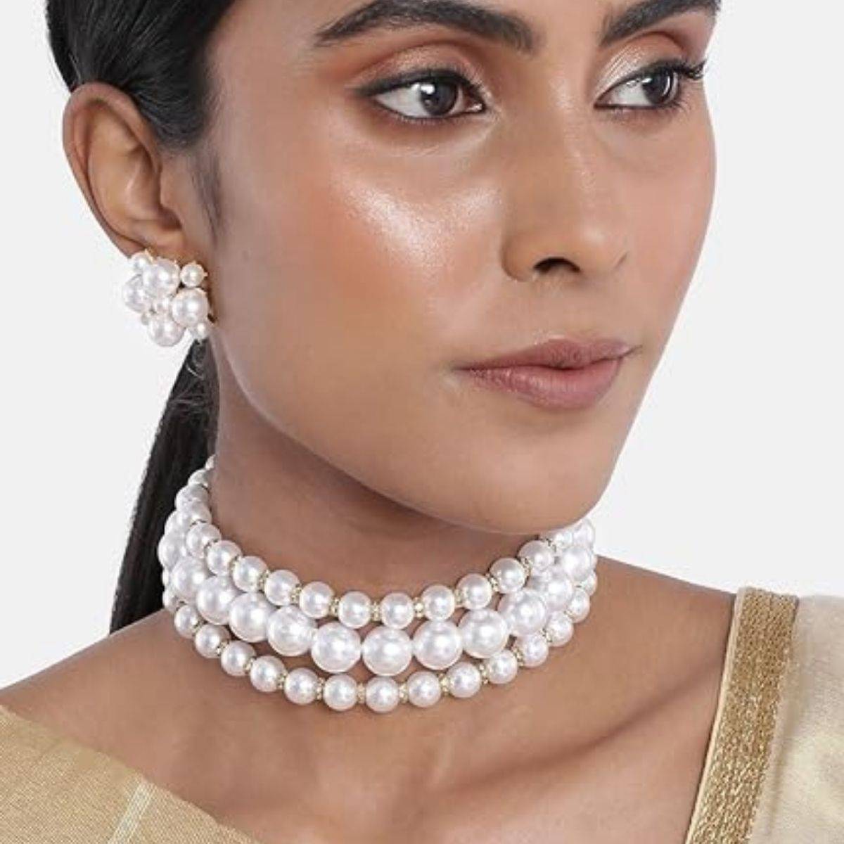 Accessher Gold Toned Layered Pearl Choker and Earrings For Women
