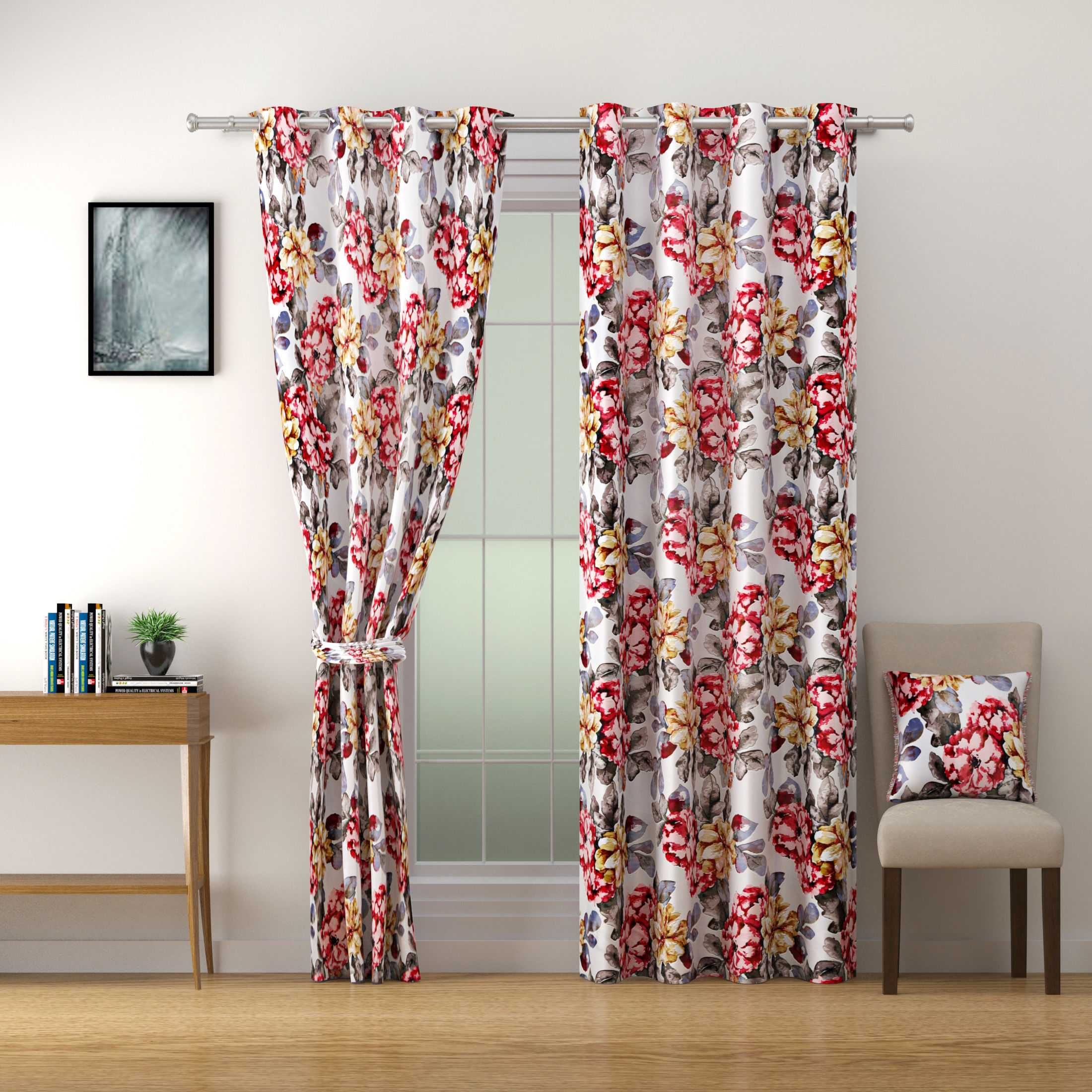 Swayam Omega Premium Digital Printed Faux Silk Floral Pack Of 2 Long Door Curtains Red