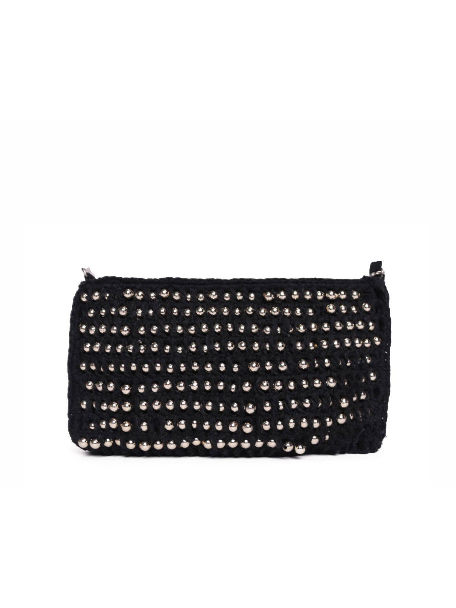 Astrid Handmade Black Crochet Crossbody Sling Bag With Zipper Closure