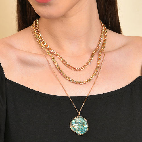 Buy SOHI Gold Plated Green Stones Pendant with Layer Chain Online