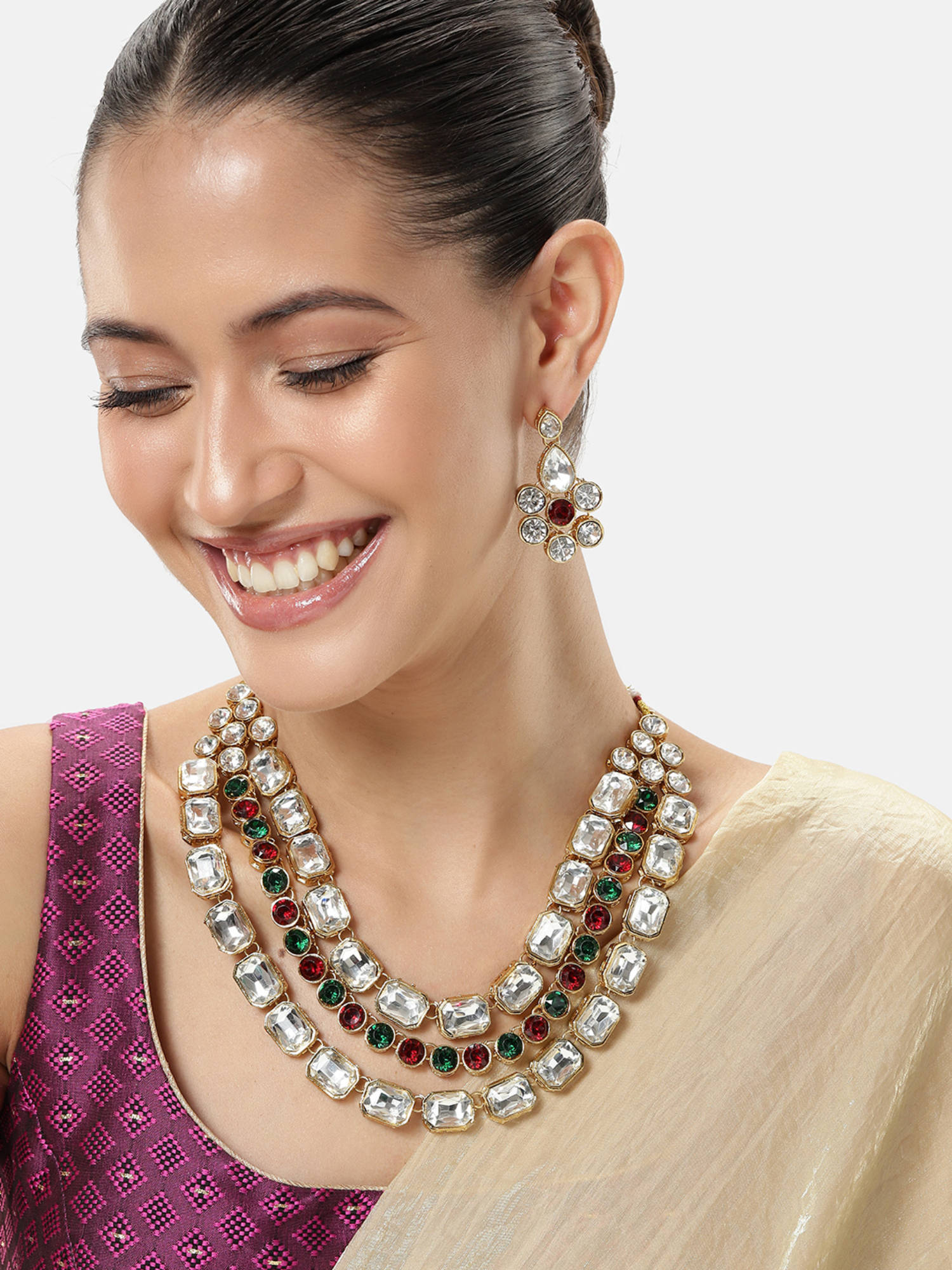 Peora Multi-Color Crystal Studded Gold Plated Layered Long Jewellery Set