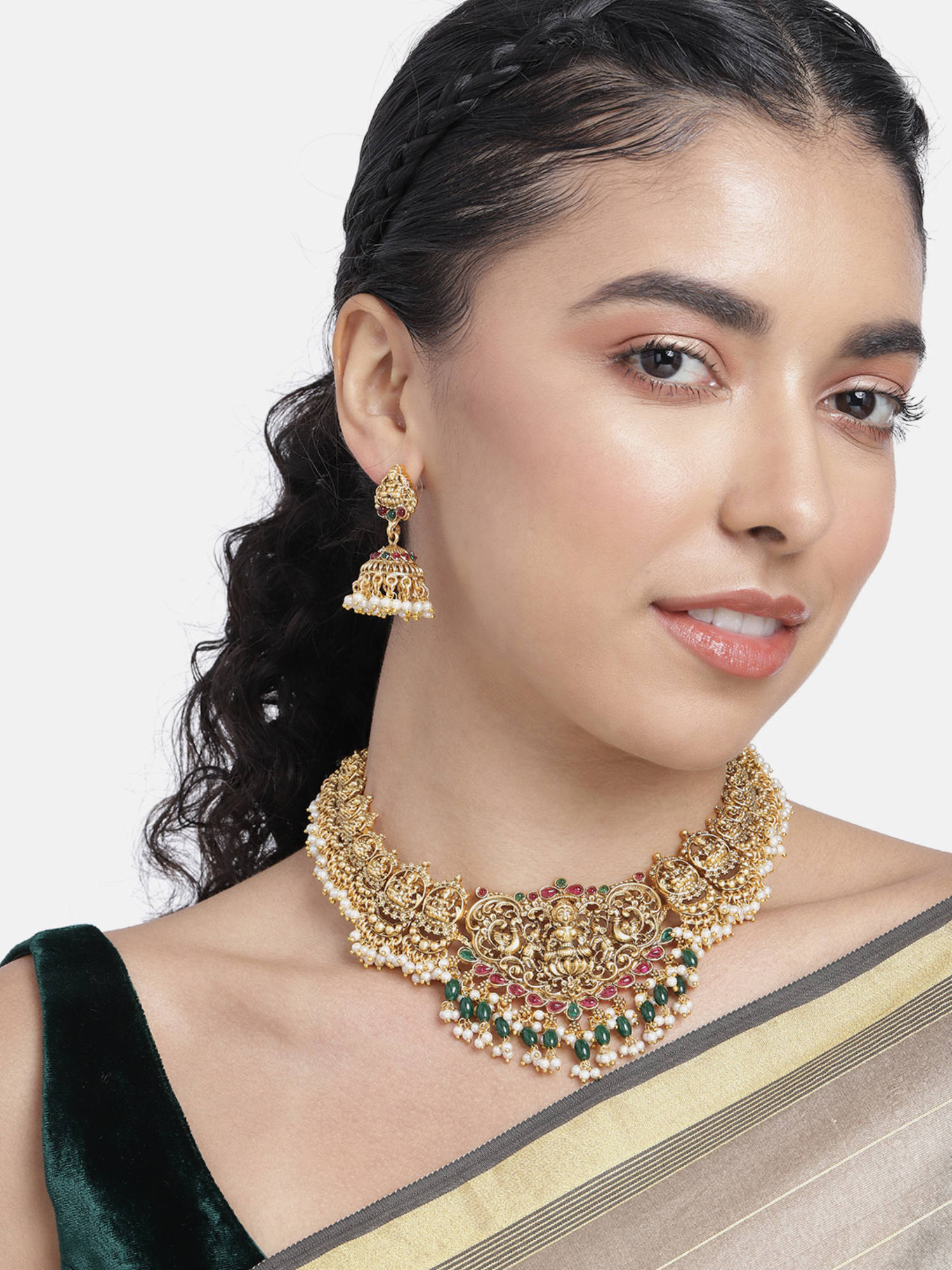 Peora Gold Traditional Red Green Beads Studded Choker Jewellery Set