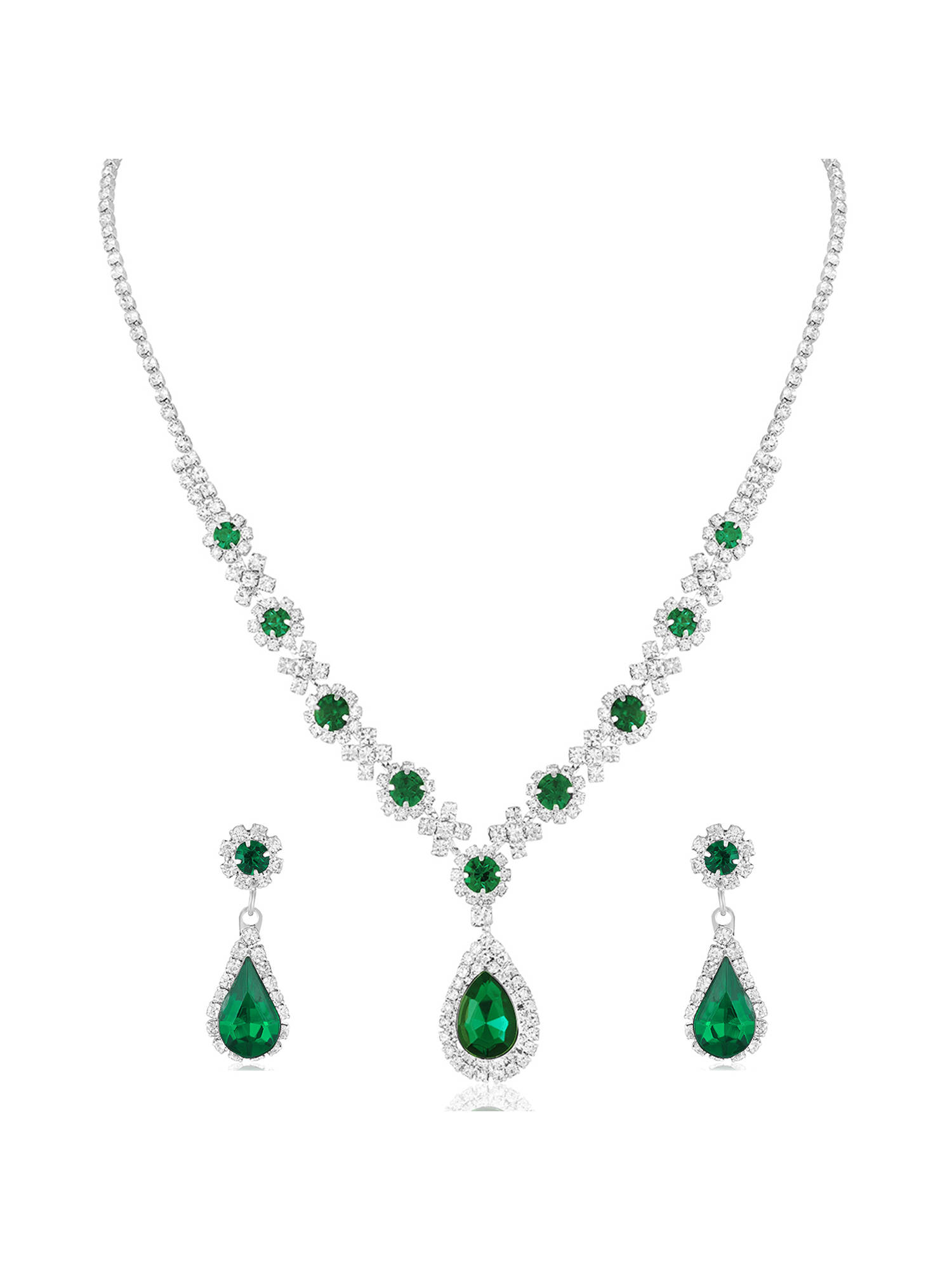 Peora Silver Plated Green Crystals Studded Pendant Style Jewellery Set