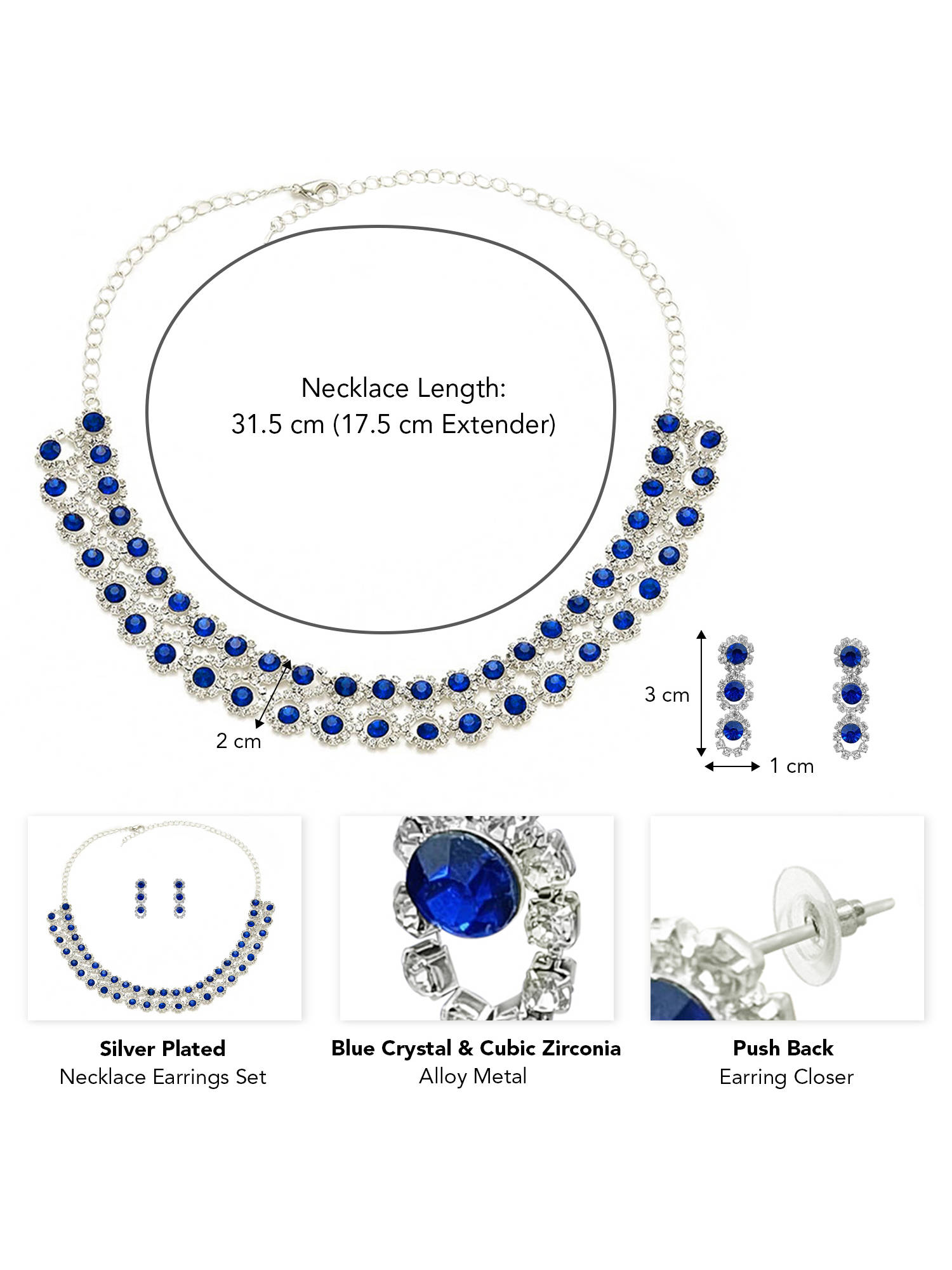 Peora Silver Plated CZ and Blue Crystal Studded Jewellery Set