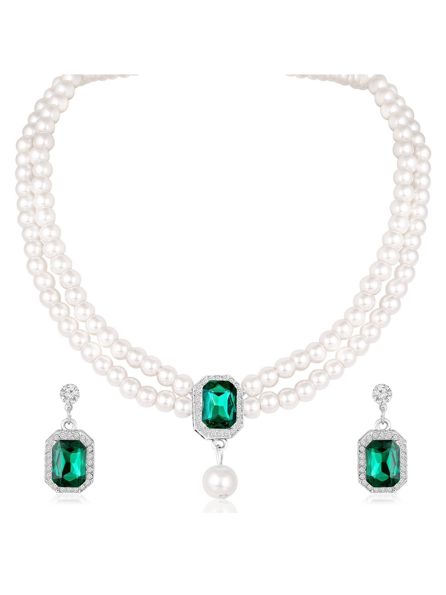 Peora Silver Plated Pearl and Green Crystal Studded Two Layer Jewellery Set