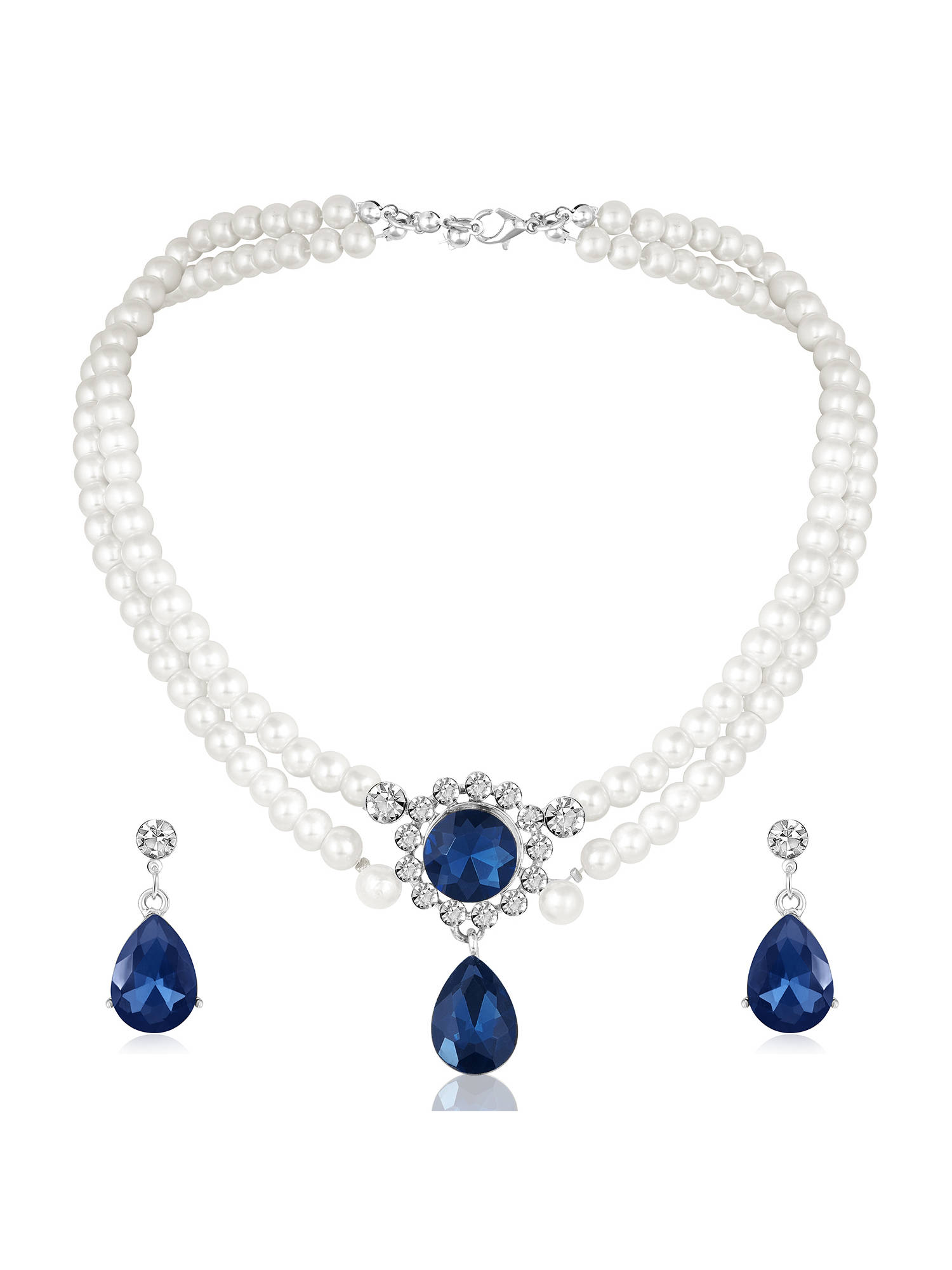 Peora Silver Plated Pearl and Blue Crystal Studded Two Layer Jewellery Set