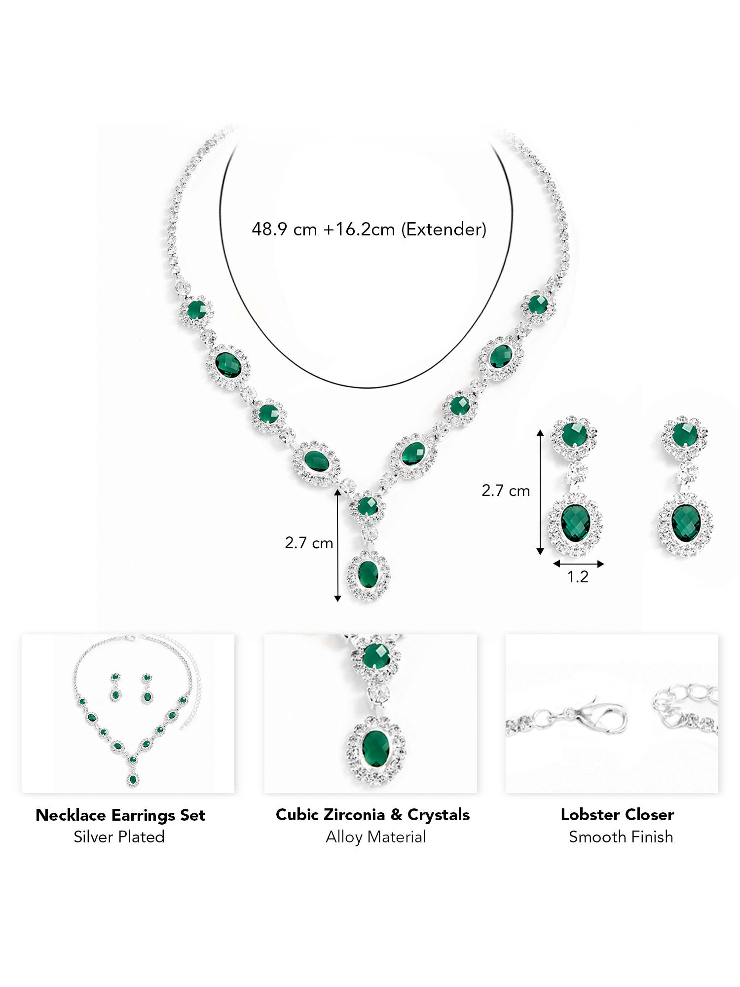 Peora Silver Plated Cubic Zirconia and Green Crystal Studded Jewellery Set