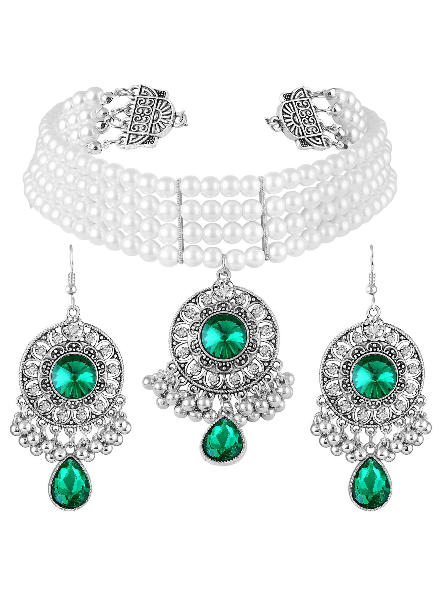 Peora Silver Plated Faux Emerald and Beads Jewellery Set