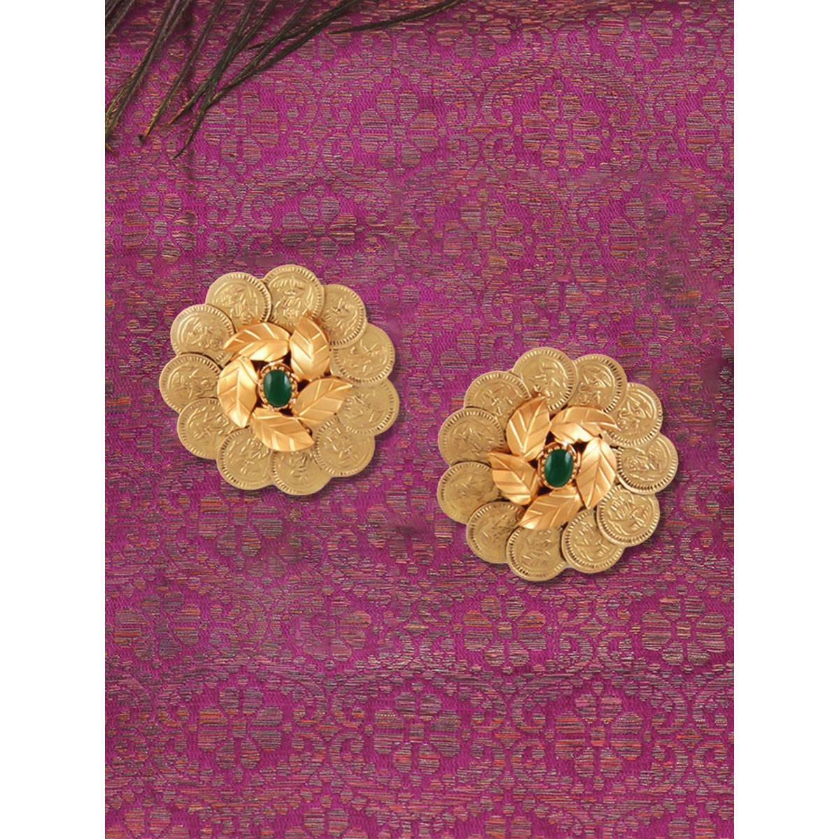 Suhani Pittie Gold Kasu Foliage earrings with green crystals