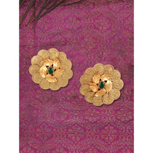 Buy Suhani Pittie Gold Kasu Foliage earrings with green crystals - Main Image