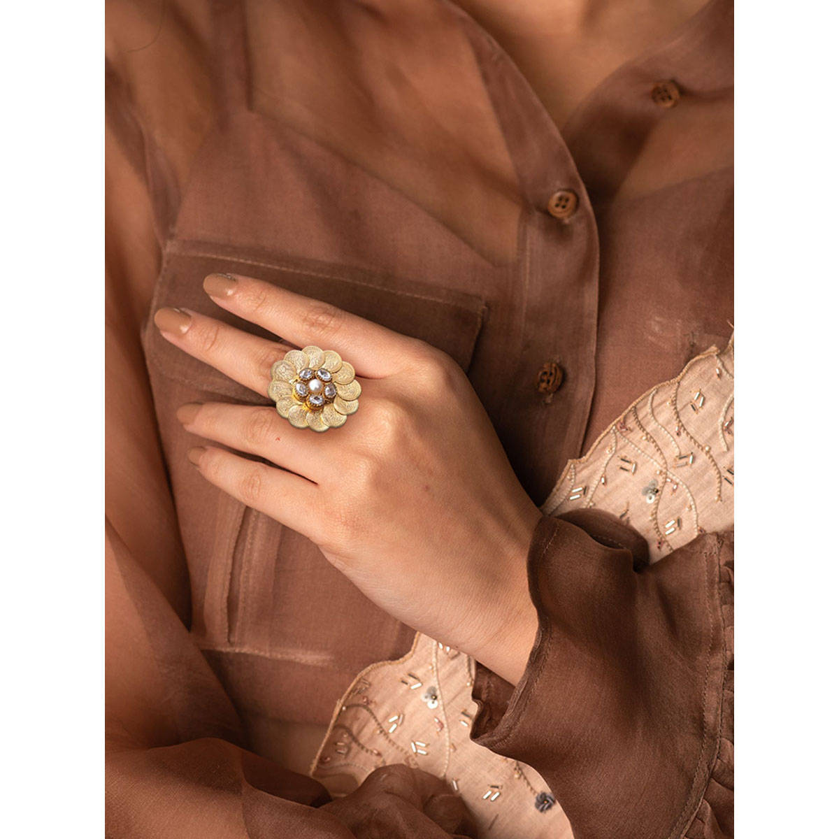 Suhani Pittie Gold coin pankha ring with crystal and pearl flower center