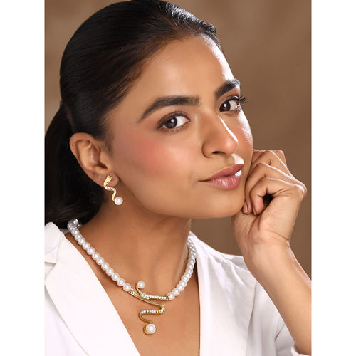 Buy Yellow Chimes Gold Plated White Pearl Necklace with Earrings