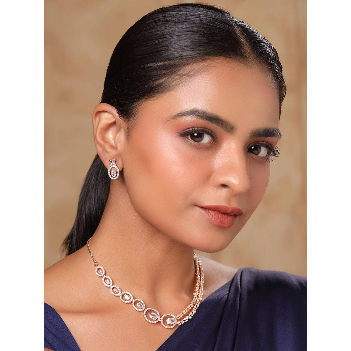 Yellow Chimes White Stone AD Necklace with Earrings Jewellery Set