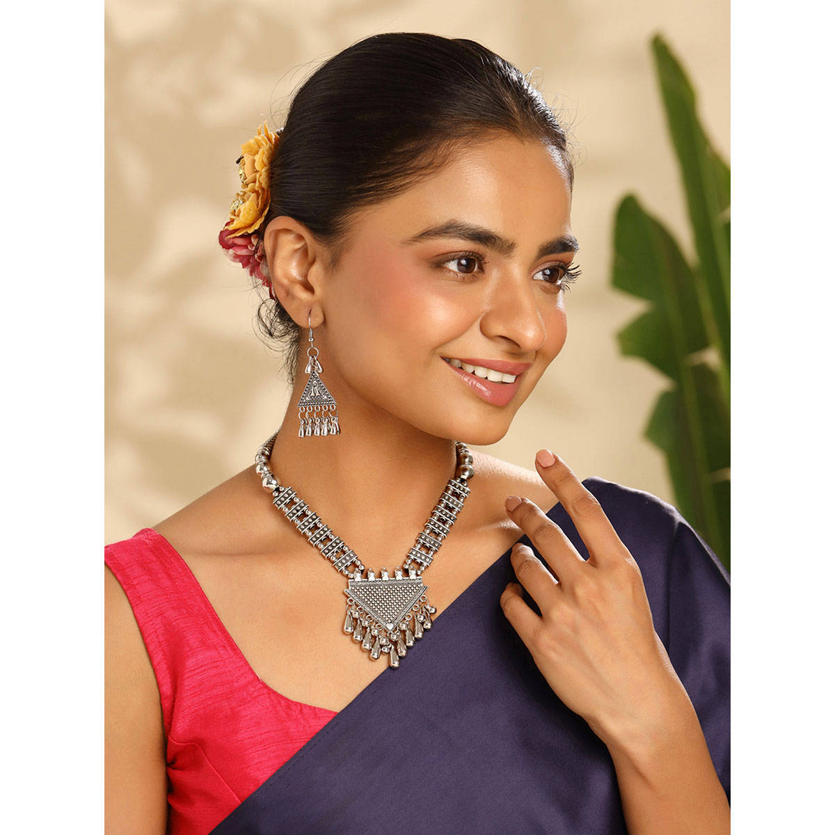 Yellow Chimes Silver Oxidised Plated thnic Traditional Long Jewellery Set