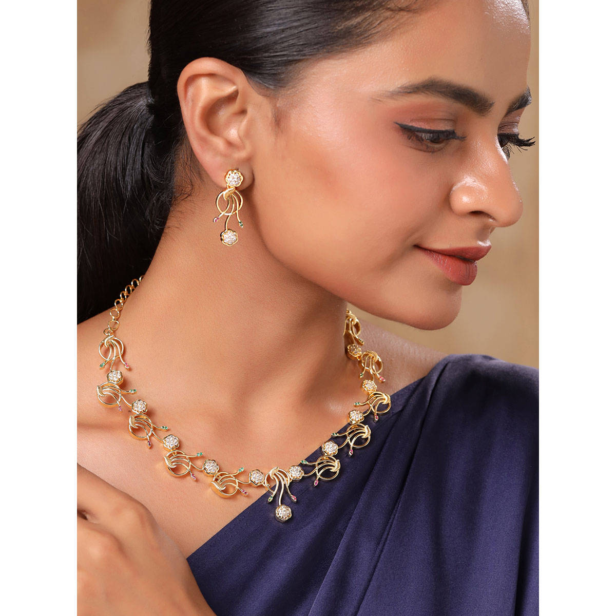 Yellow Chimes White Stone Silver AD Necklace with Earrings Jewellery Set