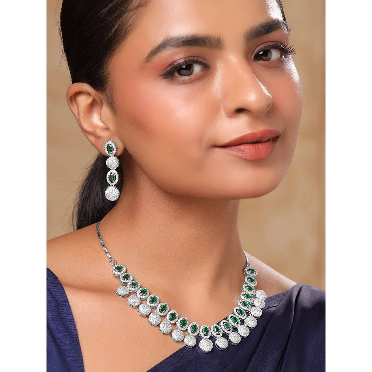 Yellow Chimes Green Stone Silver AD Necklace with Earrings Jewellery Set