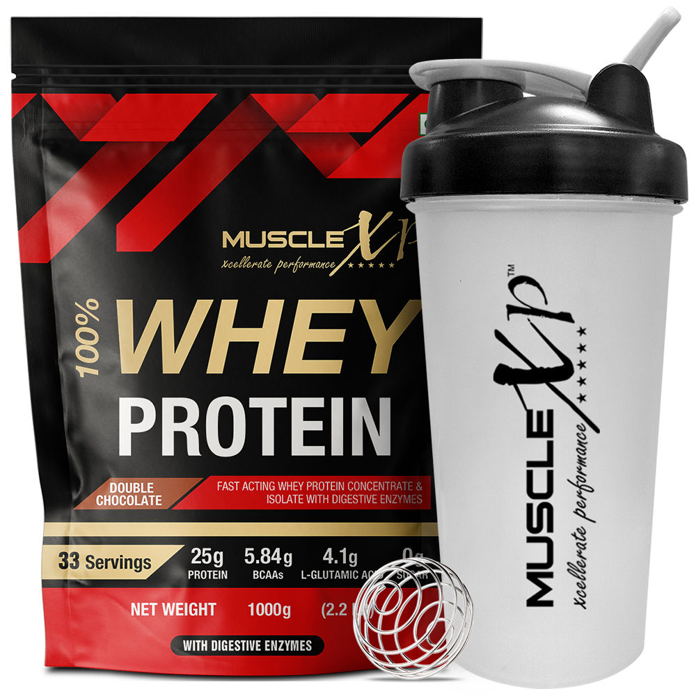 MuscleXP 100% Whey Protein With Digestive Enzyme - Pouch, Double Chocolate Pouch + Shaker