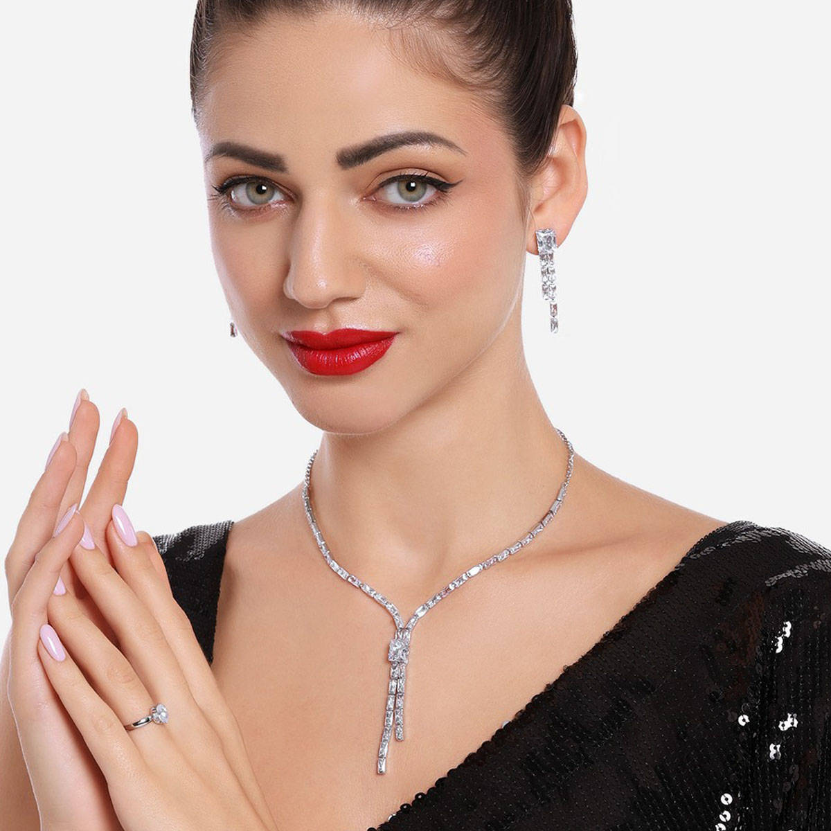 Zaveri Pearls Silver Tone CZ Party Lariat Necklace Earring & Ring -ZPFK16748 (Set of 3)