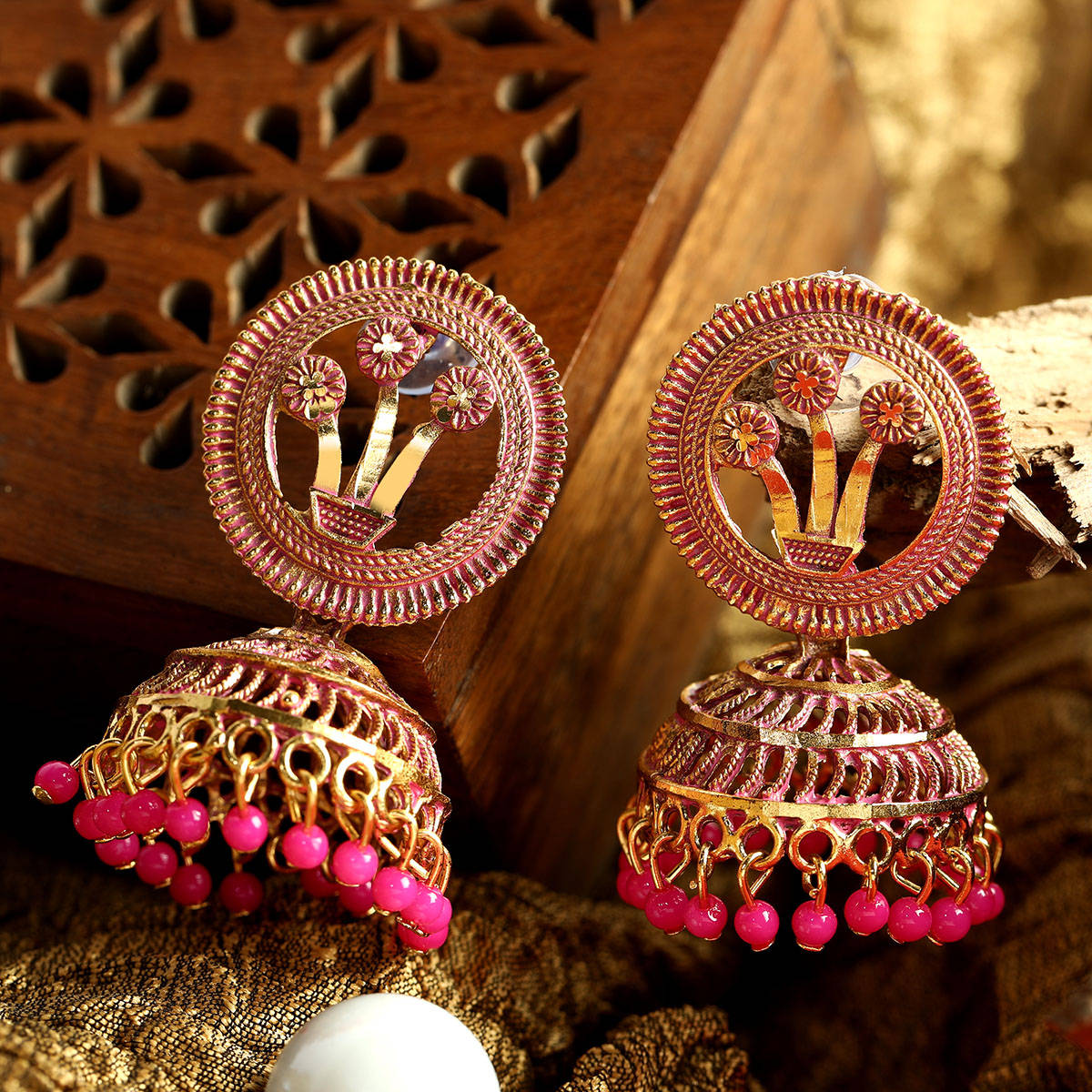 Anikas Creation Gold Plated Exclusive Traditional Pink Jhumka Earring