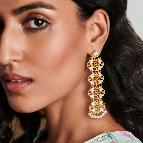 ZARIIN 22KT Gold Dipped in White Enamel Lotus Grace Statement Earrings - Main Image