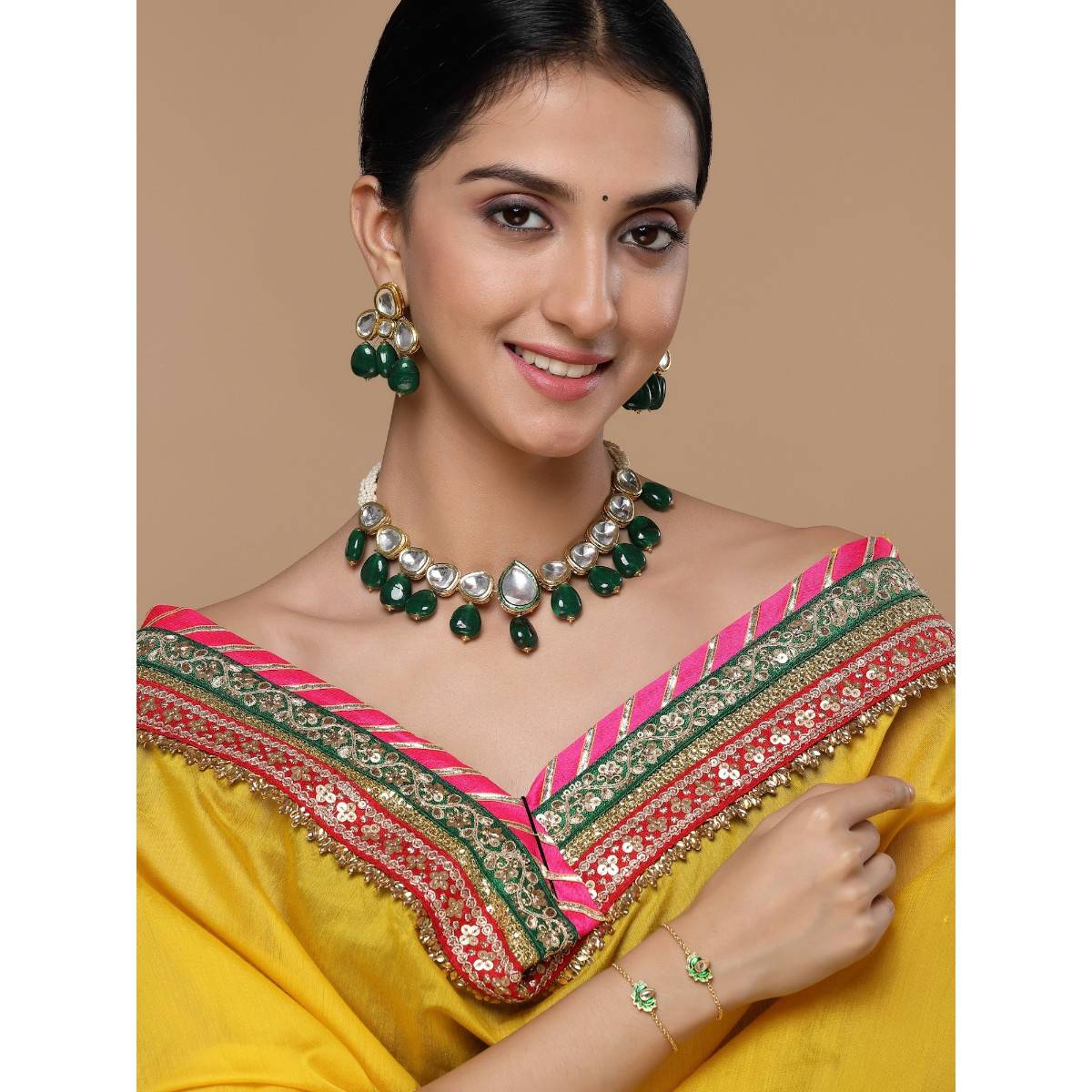 Dugran By Dugristyle Green & Gold Drop Earring with Kundan & Pearls