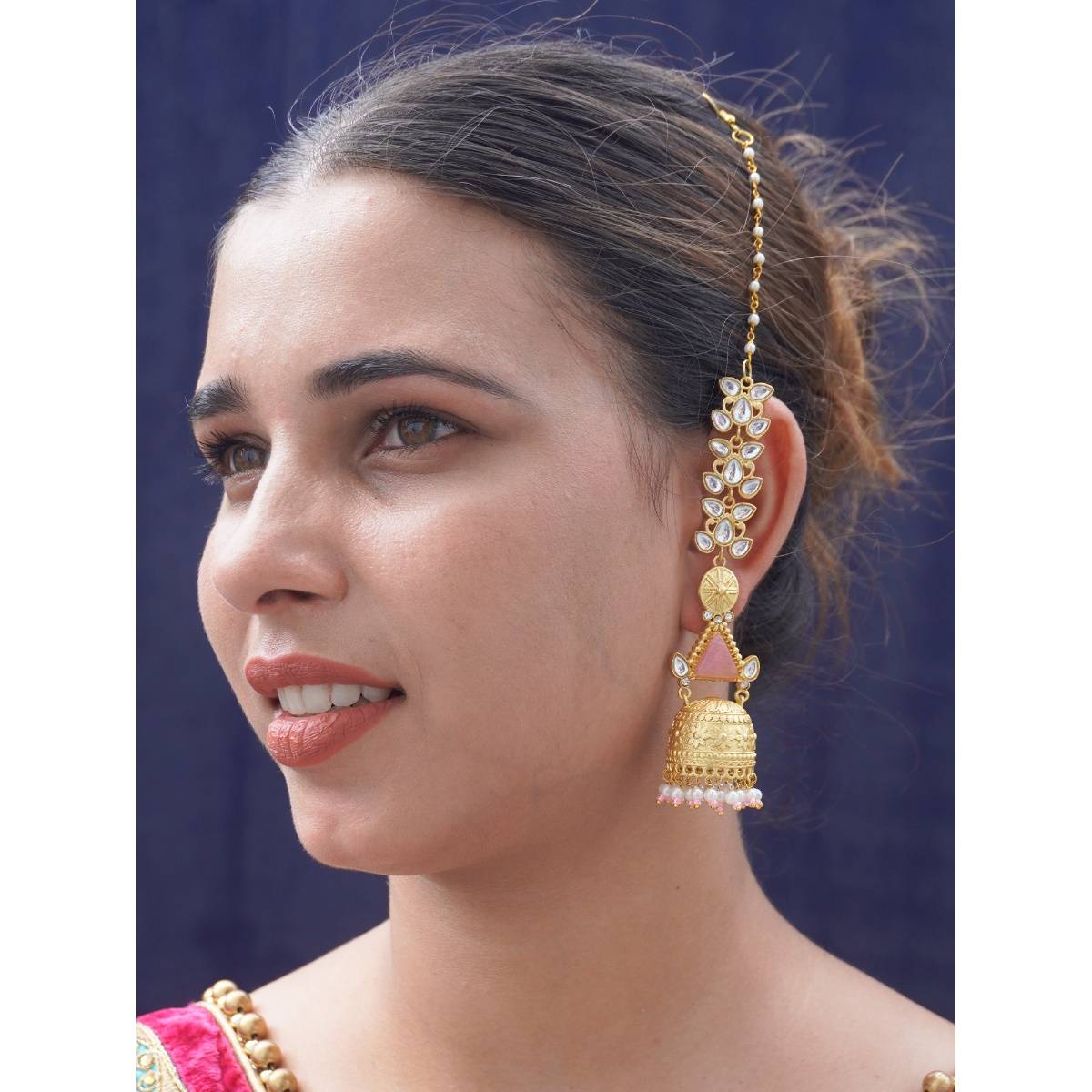 Niscka 24K Gold-Plated Pink Stone and Pearl Jhumki with Earrings Chain