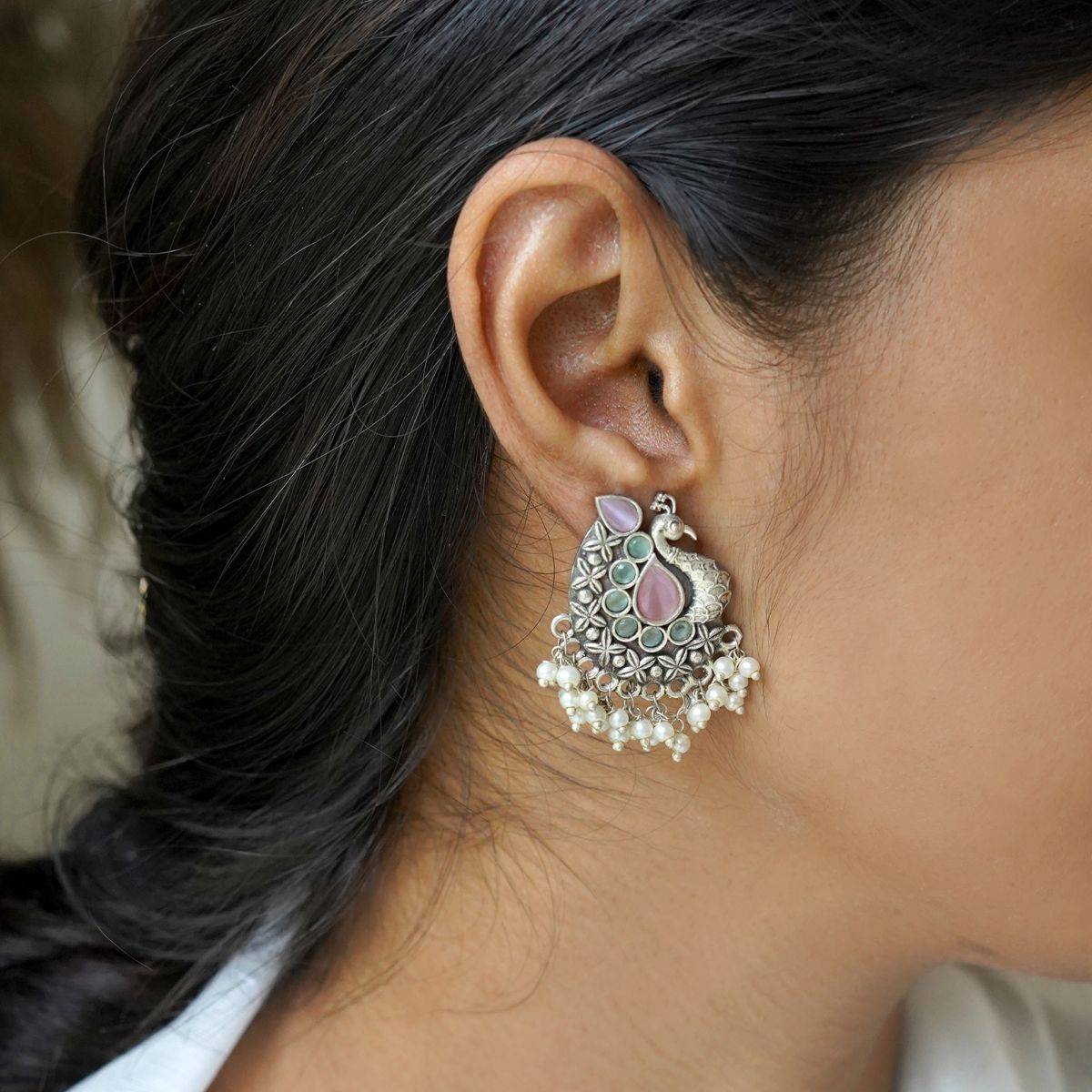 Teejh Nirali Pink & White Silver Oxidised Earrings for Women