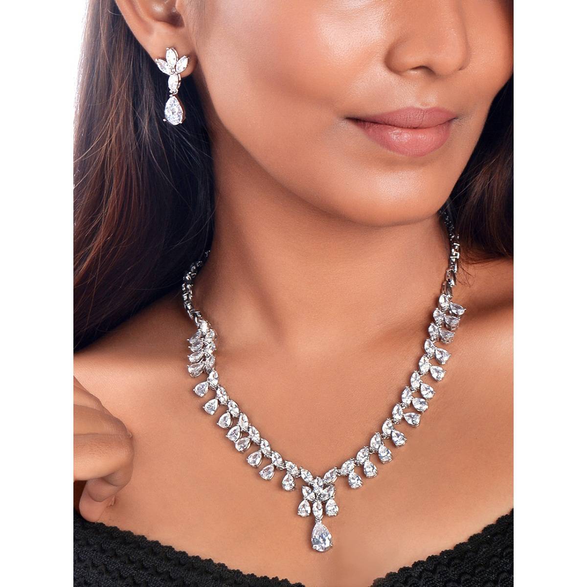 Yellow Chimes Rhodium-Plated White Stone-Studded CZ Copper Jewellery Set