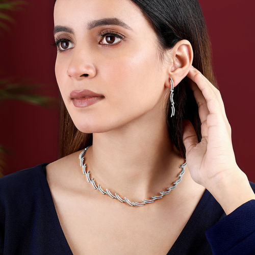 Peora Silver Plated Cubic Zirconia Studded Radiant Royalty Necklace  Earrings Set