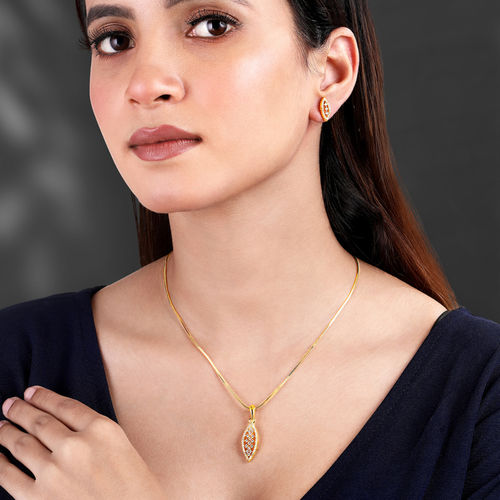Peora Gold Plated Cubic Zirconia Leaf Shape Pendant Chain and Earrings Set