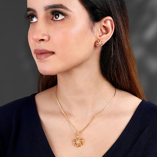 Peora Gold Plated Zirconia Studded Floral Pendant Chain and Stud Earrings