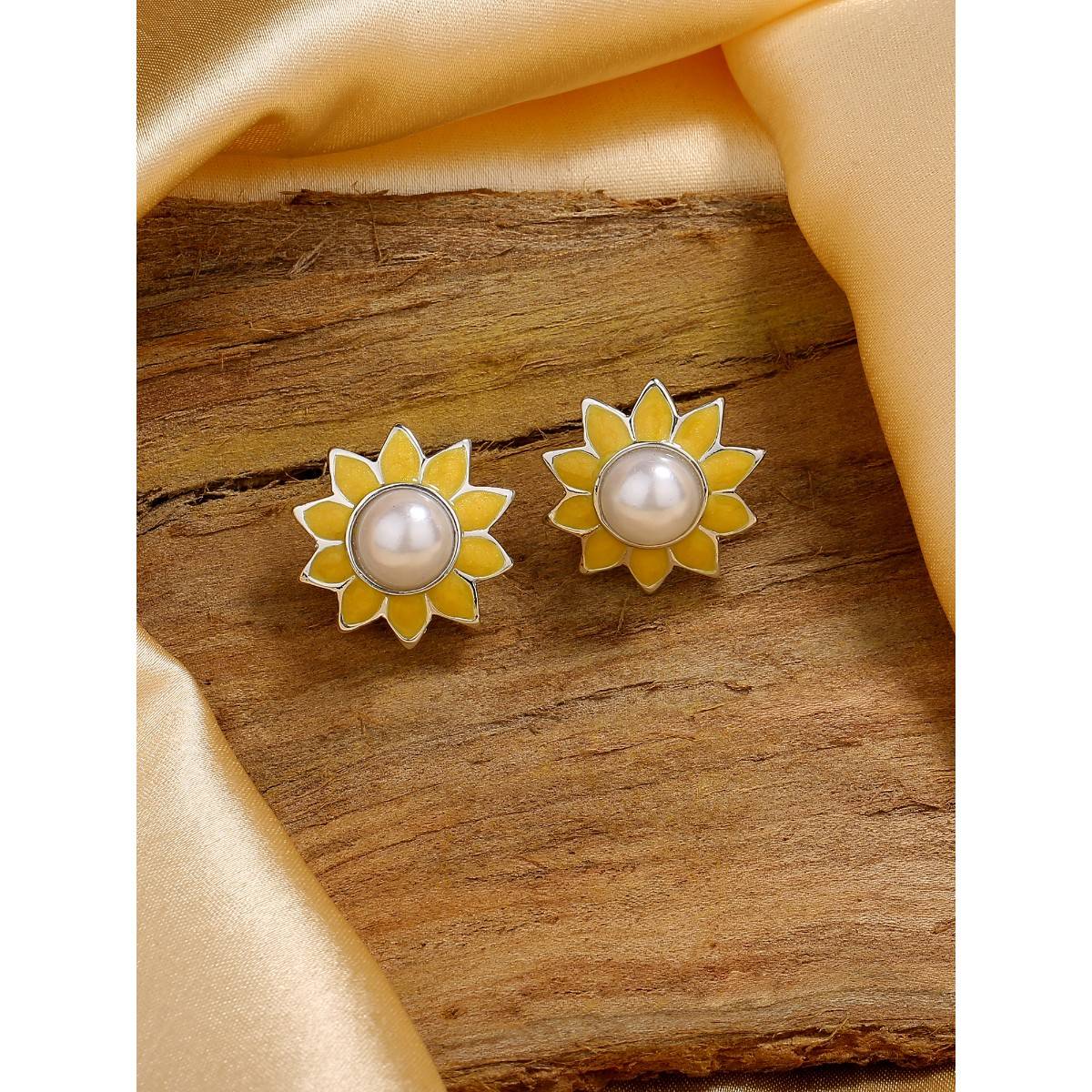 Estele Rhodium Plated Pretty Pearl Stud Earrings with Yellow Enamel for Women