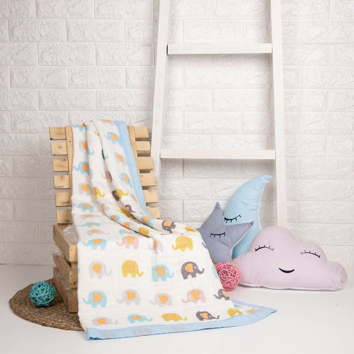 Kicks and Crawl Baby Elephants Quilted Muslin Blanket - Multi-Color