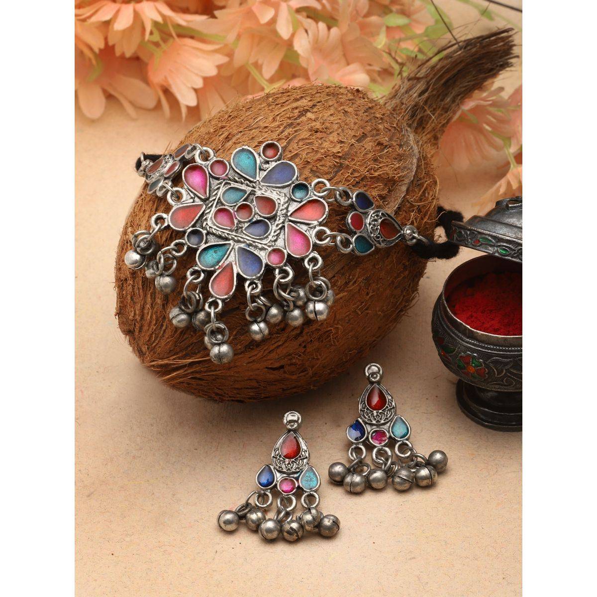 Moedbuille Multi-Color Silver Plated Meenakari Necklace with Pair Of Earrings