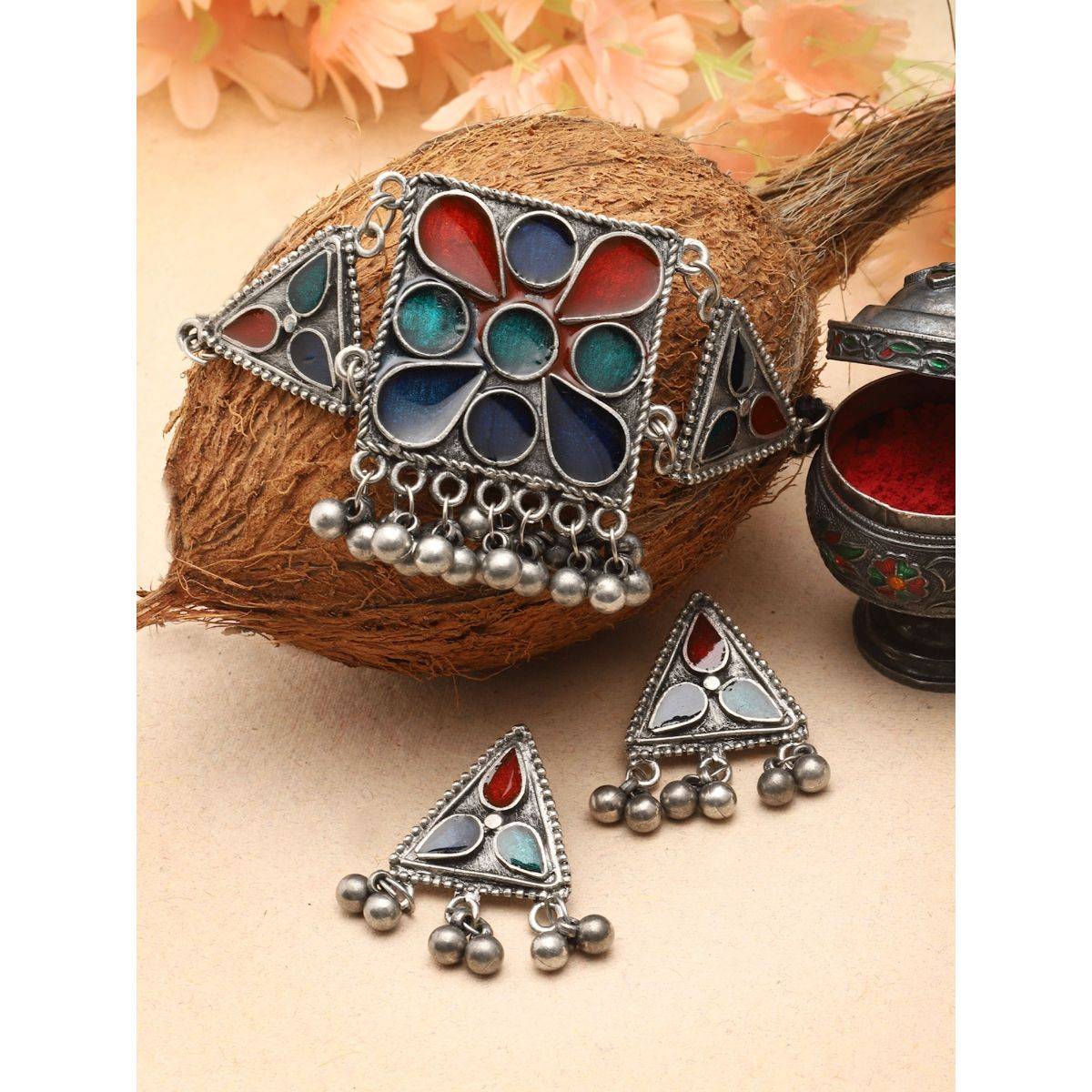 Moedbuille Multi-Color Silver Plated Meenakari Necklace with Pair Of Earrings