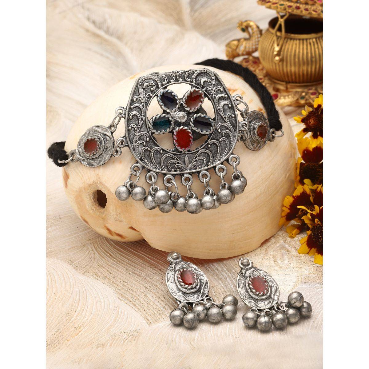 Moedbuille Multi-Color Silver Plated Meenakari Necklace with Pair Of Earrings
