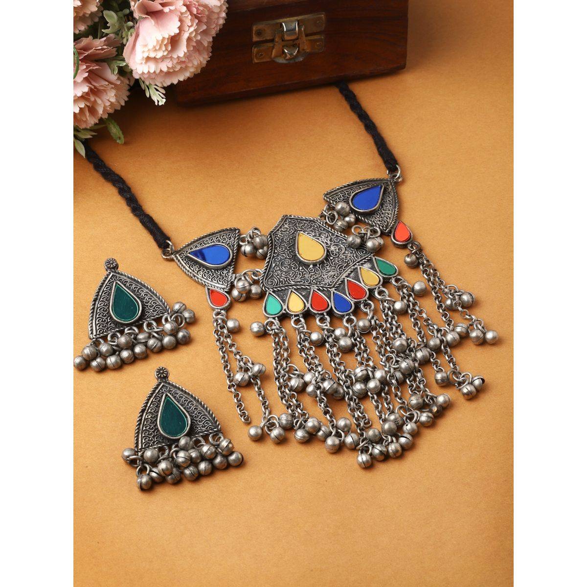 Moedbuille Multi-Color Silver Plated Oxidised Necklace with Pair Of Earrings