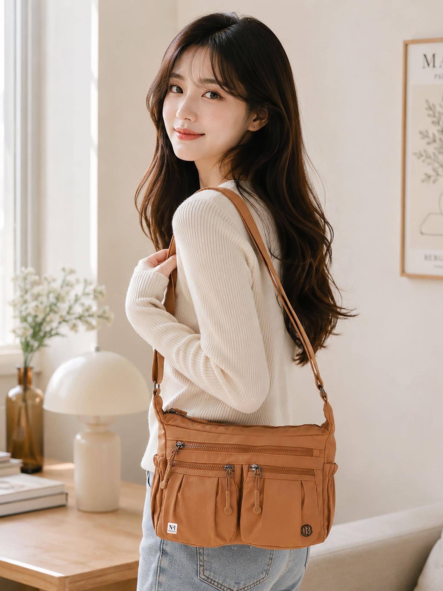 NFI Essentials Multi Pocket Sling Bag for Women Brown