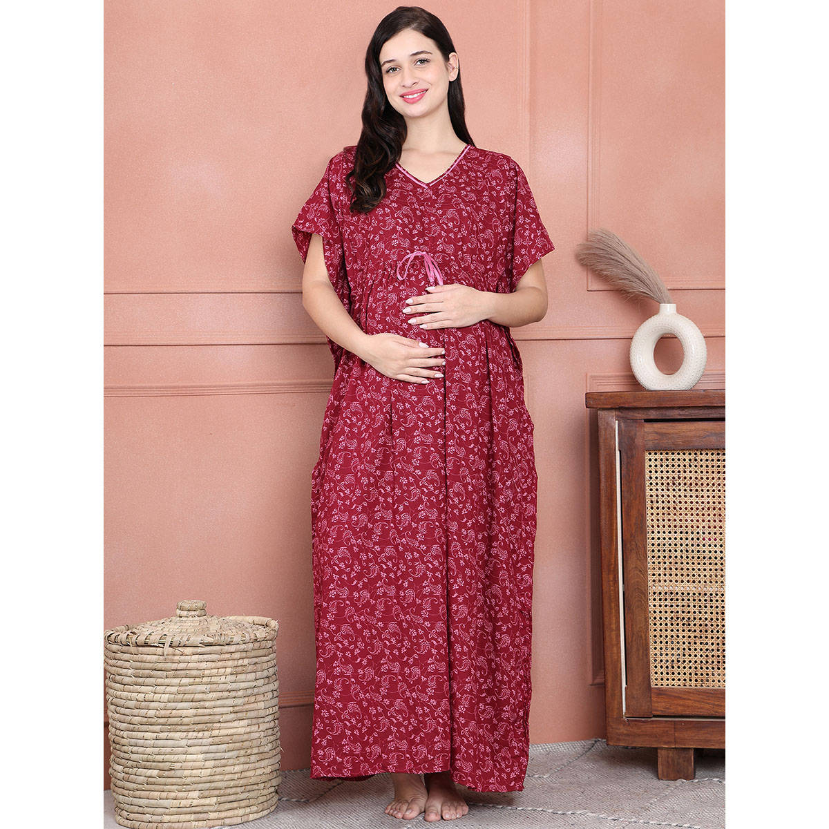 Secret Wish Maroon Floral Cotton Blend Maternity Kaftan Full Length